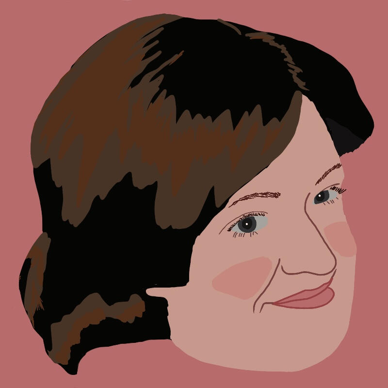 An illustrated self portrait of C. Reel's smiling disembodied head over a rose pink background.